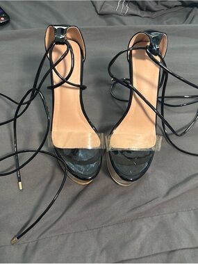 Black Lace-Up Patent Platform Sandals
